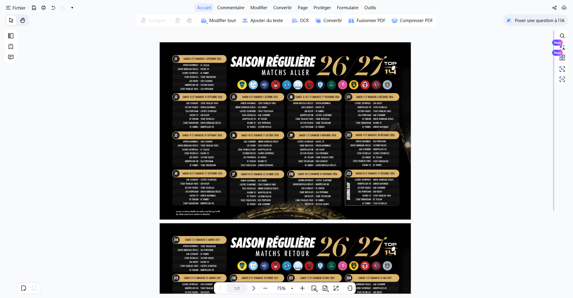 Importer le calendrier TOP 14 dans Tenorshare PDNob