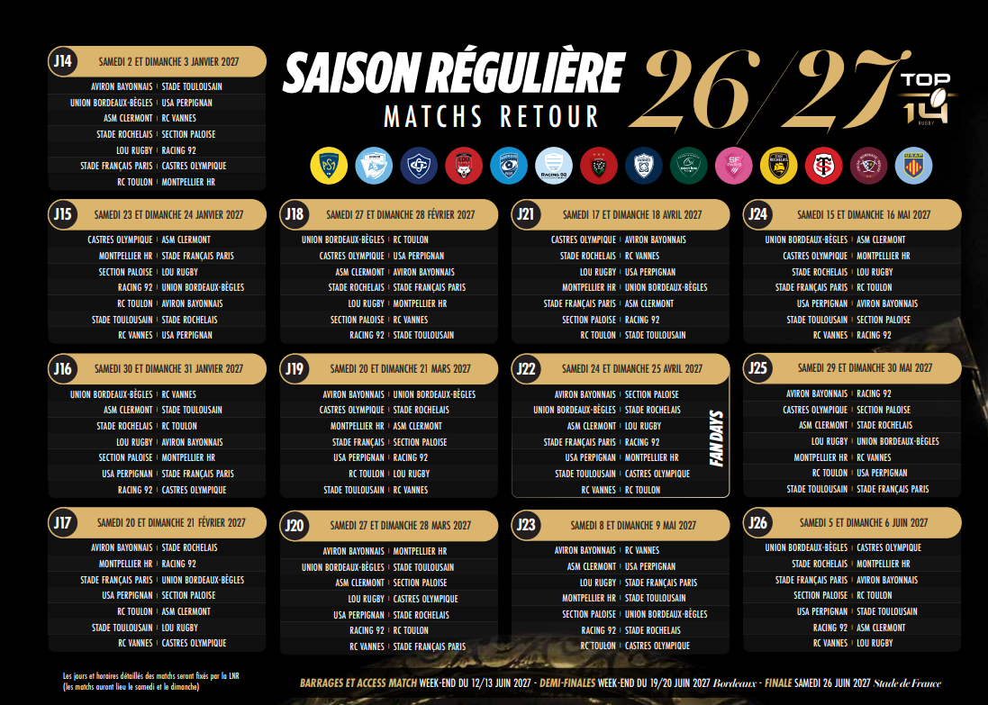 Calendrier TOP 14 2026/2027 officiel