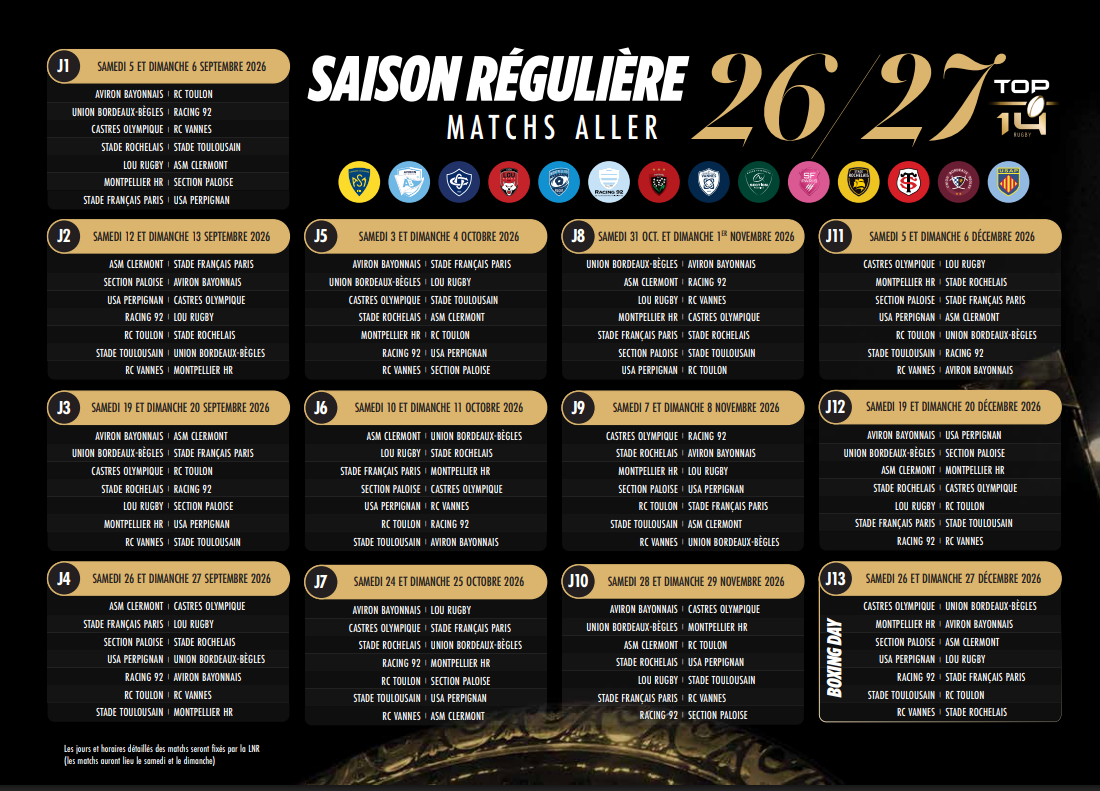 Calendrier TOP 14 2026/2027