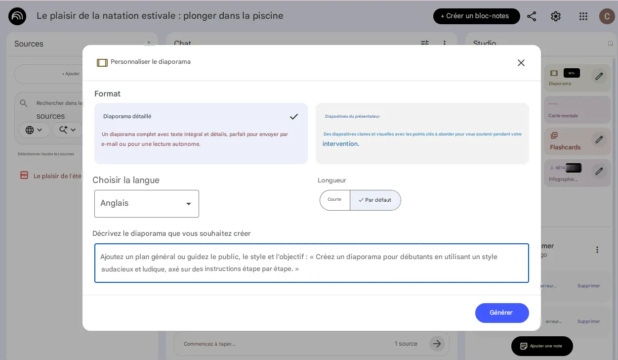 enter notebooklm prompt and customize slides settings