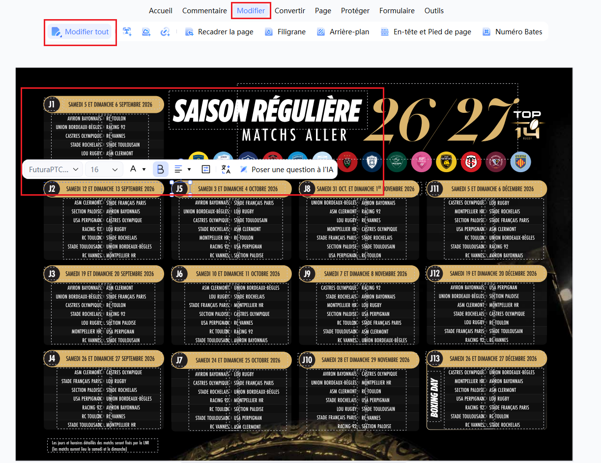 Modifier et personnaliser un calendrier TOP 14 PDF