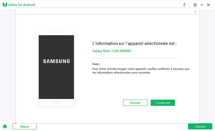confirmer les informations de l'appareil samsung