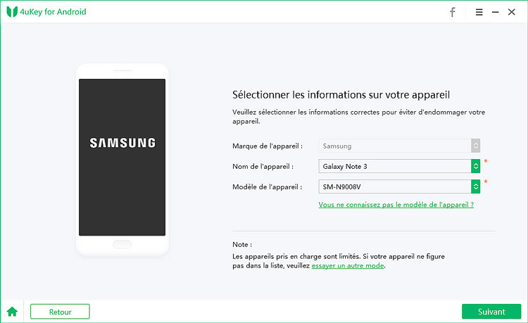 sélectionner les informations sur l'appareil samsung