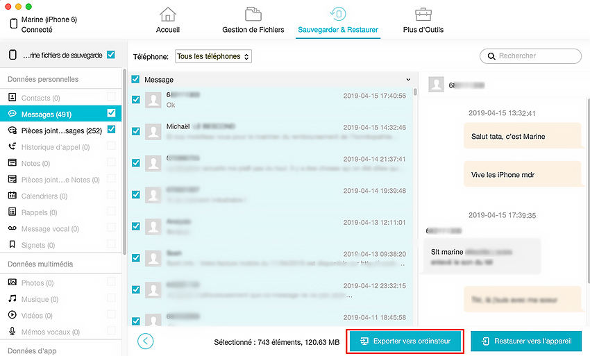 afficher et exporter les sms