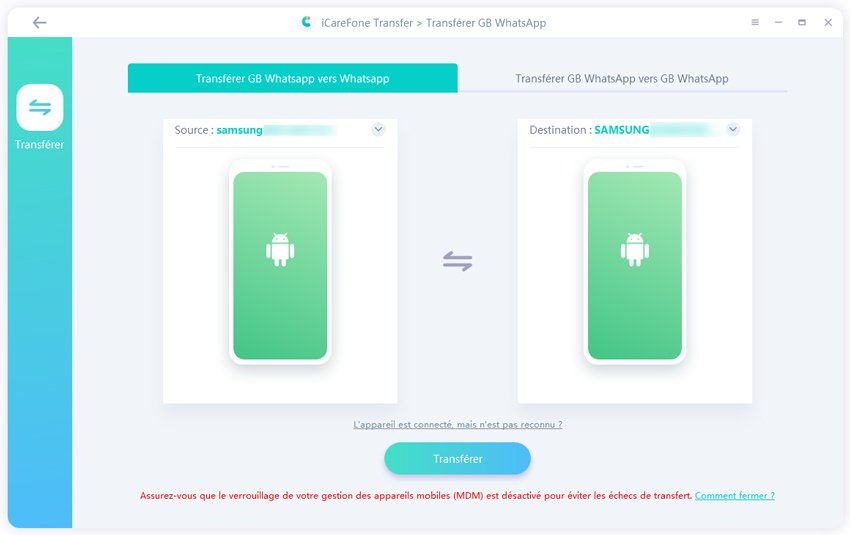 transférer donnees Android GBWhatsApp vers Android WhatsApp - icarefone