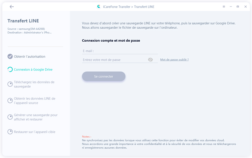guide icarefone transfer - connexion google drive