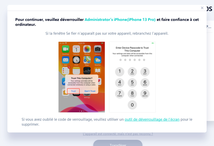 guide icarefone transfer - deverrouiller iphone et faire confiance à l'ordinateur