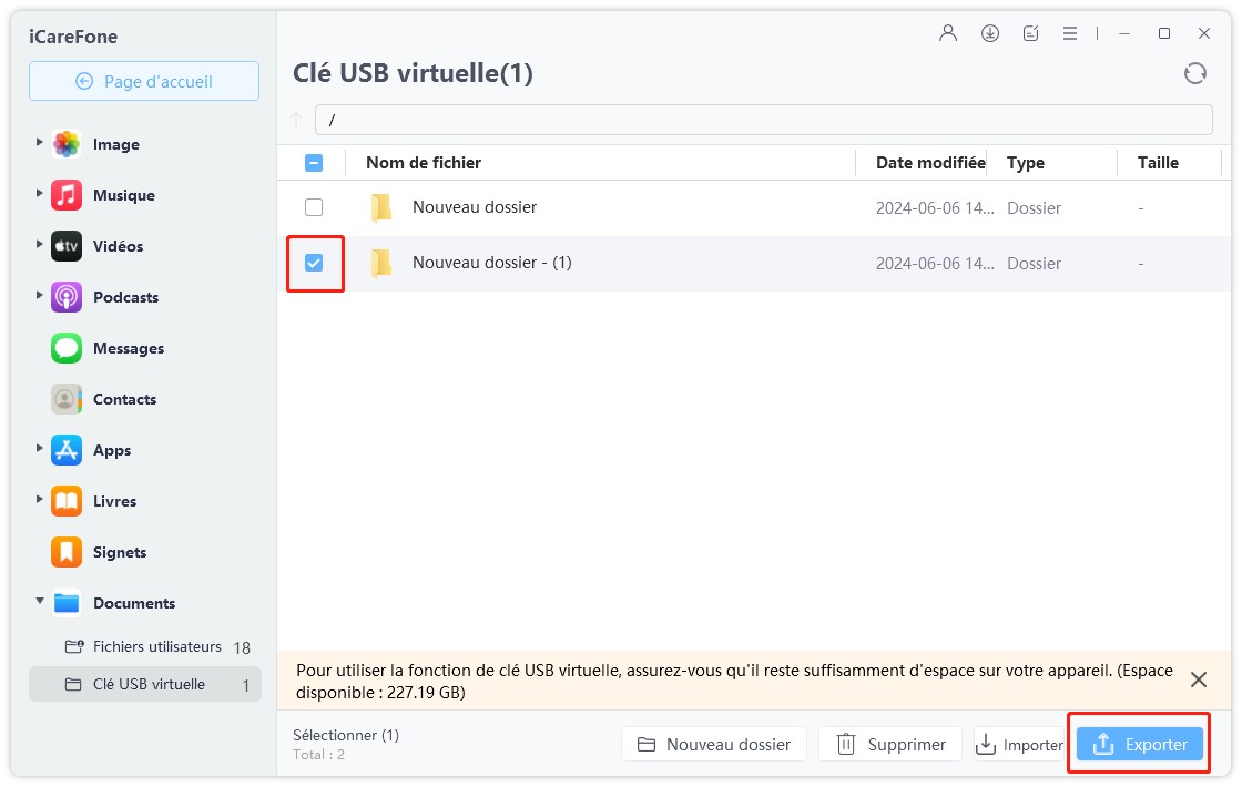 icarefone exporter des fichiers clé usb virtuelle