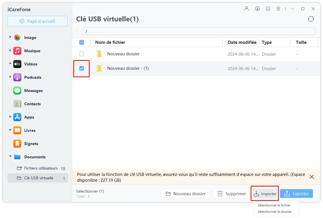 icarefone importer des fichiers lecteur usb virtuel