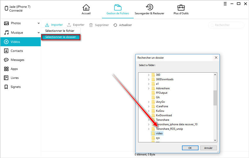 importer dossier video en utilisant icarefone