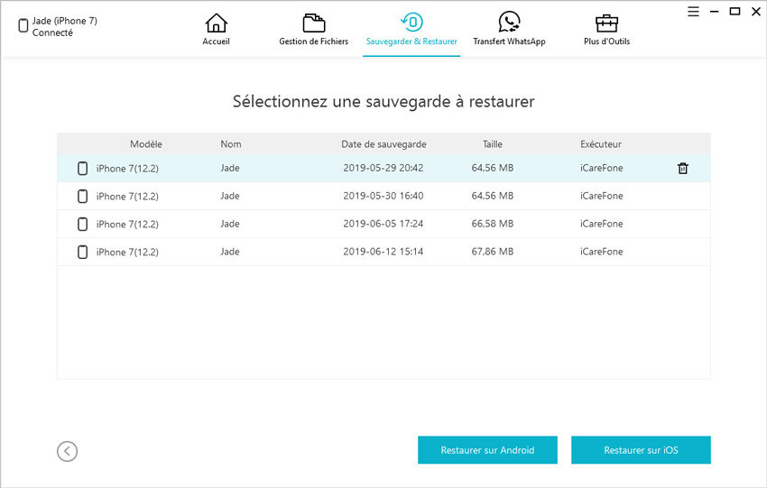 liste sauvegarde whatsapp dans icarefone