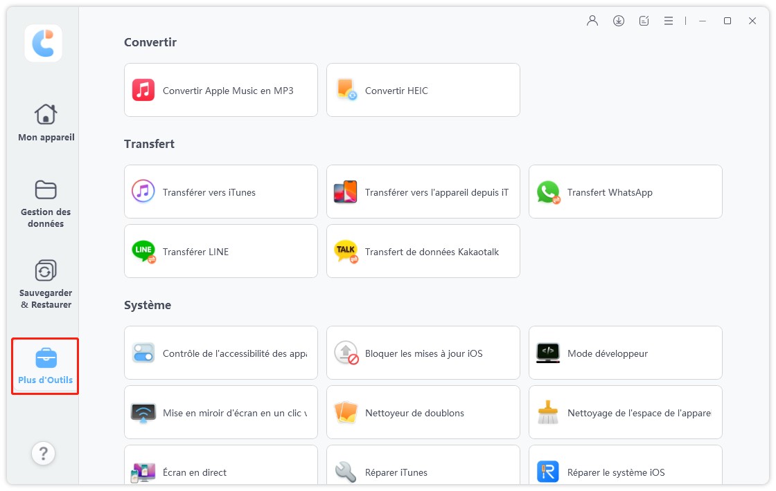 iCareFone plus d'outils