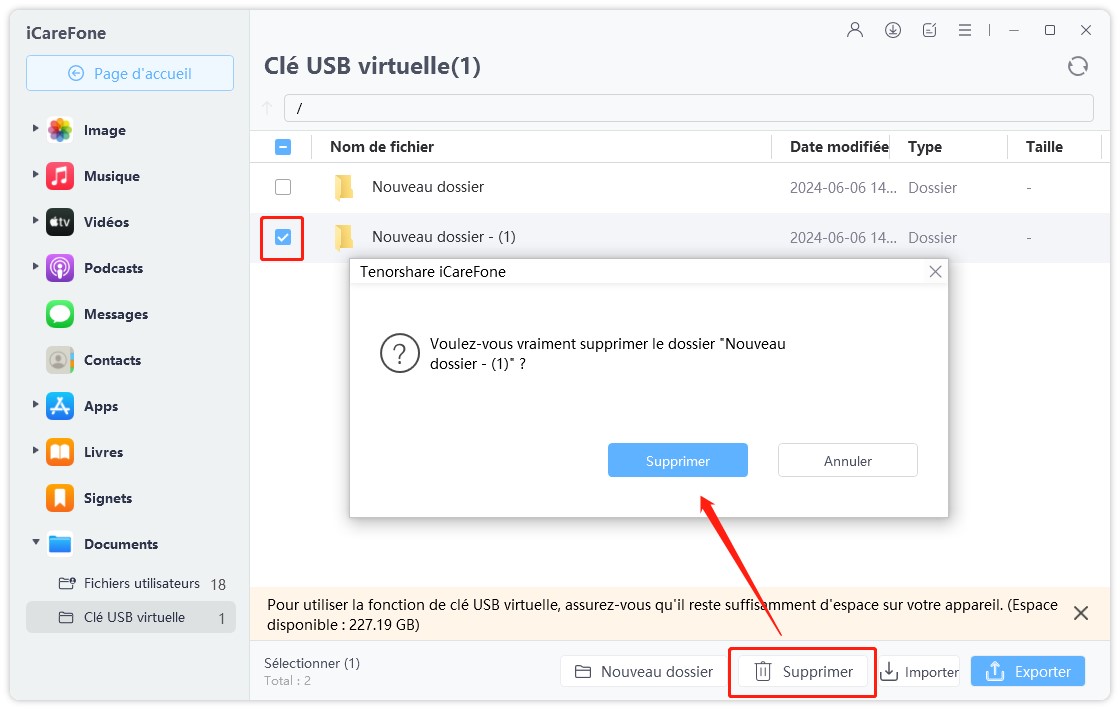 icarefone supprimer des fichiers lecteur usb virtuel
