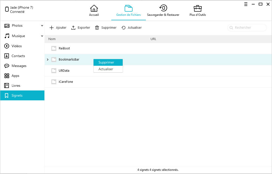 suppression favoris signets avec icarefone