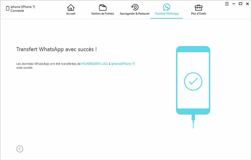 Succès du transfert de WhatsApp sur Android vers iPhone