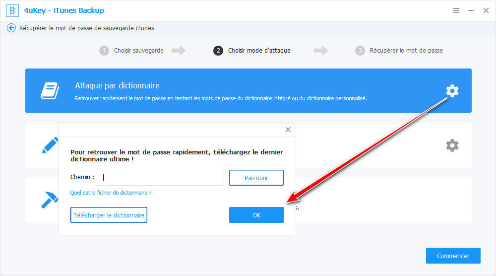 paramètres d'attaque par dictionnaire - guide de sauvegarde 4ukey itunes