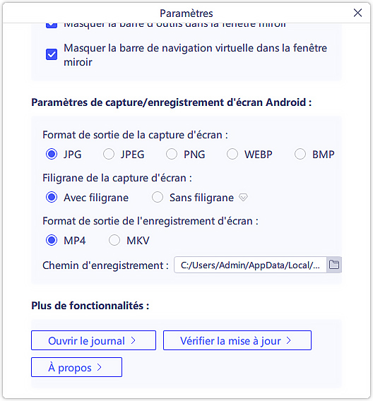 paramètres d'écran