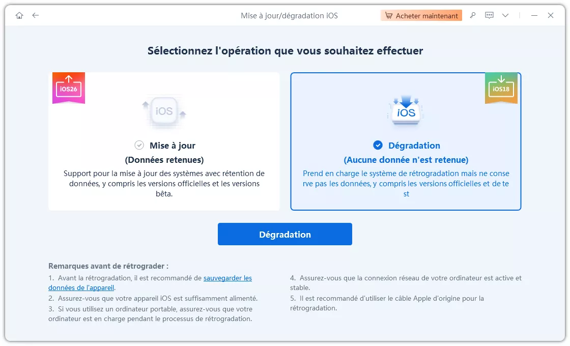 rétrogradation à ios 26 depuis 27 beta