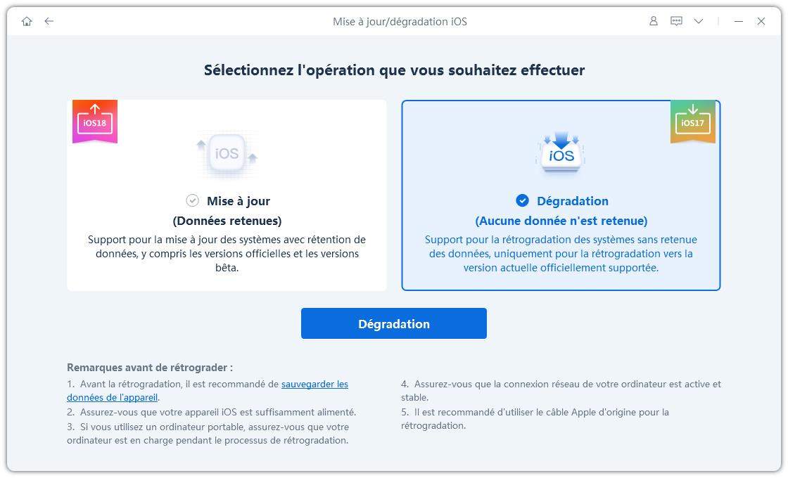 sélectionnez l'option de rétrogradation profonde