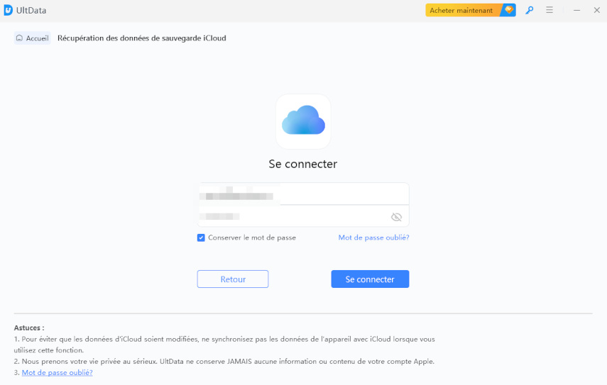 connexion avec l’identifiant Apple pour la récupération de sauvegarde iCloud