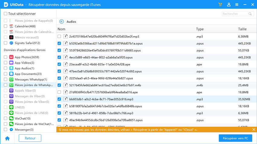 retrouver sélectionnement audio supprimé whatsapp depuis sauvegarde iTunes avec succès