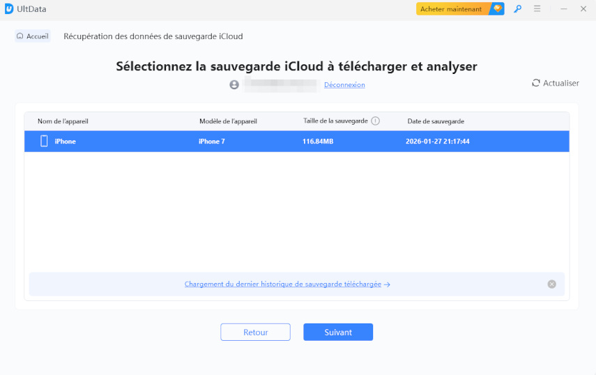 sélectionner une sauvegarde iCloud à analyser