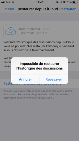 pourquoi je ne peux pas restaurer whatsapp à partir d'iCloud