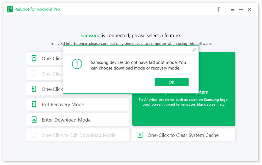 Tenorshare reiboot pour android rappelle que les Samsung n'ont pas le mode fastboot.