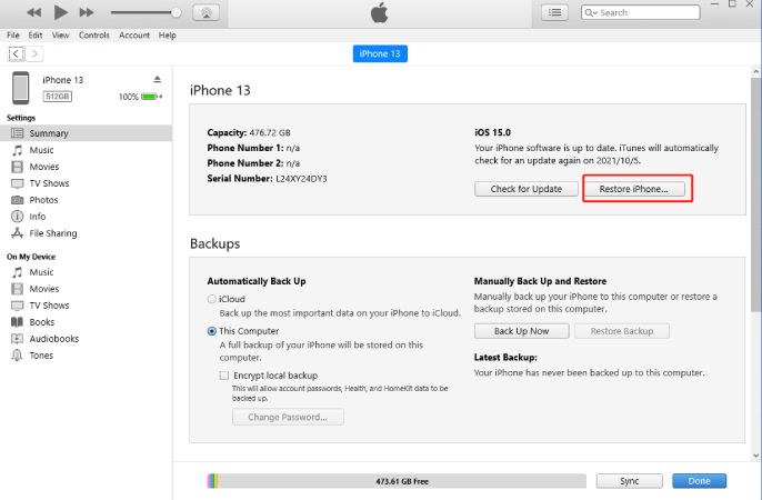 restaurer iphone 13 dans itunes