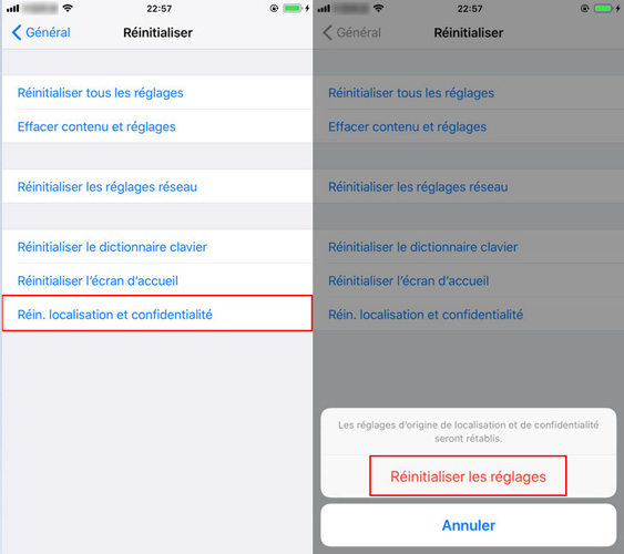 reinitialiser localisation et confidentiailite