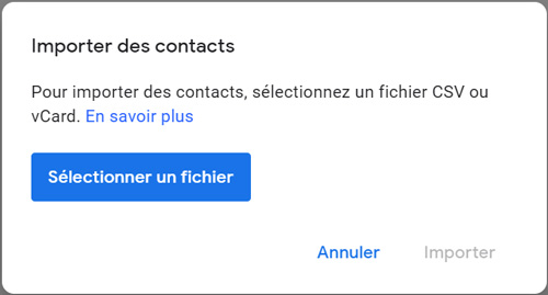 selectionner fichier csv ou vcard
