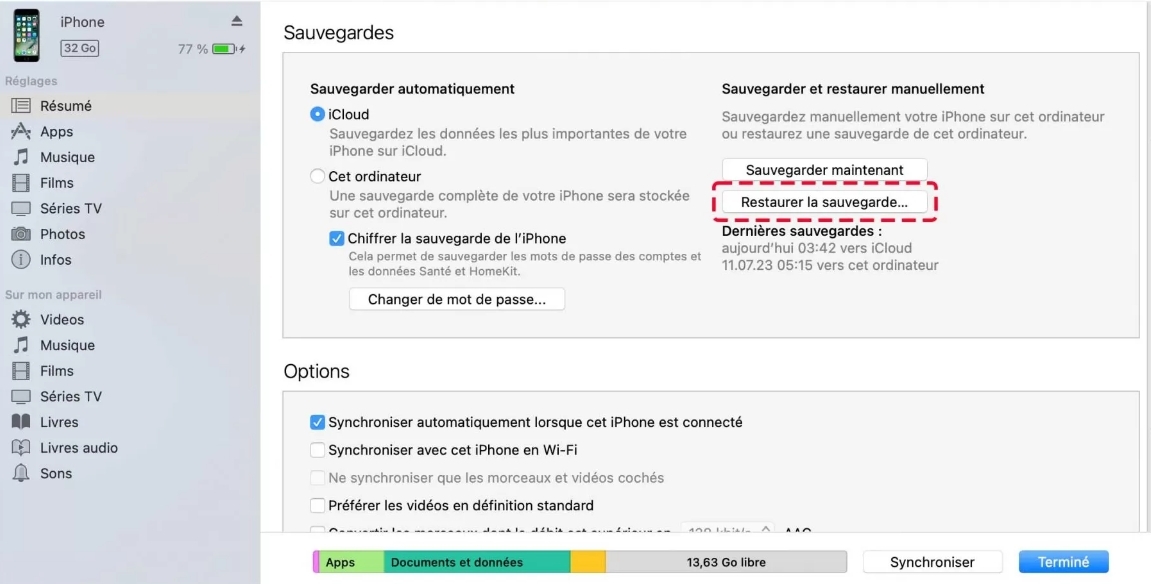choose the restore backup icon