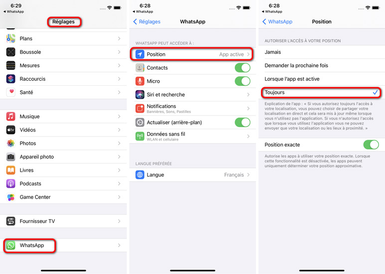 activer position whatsapp