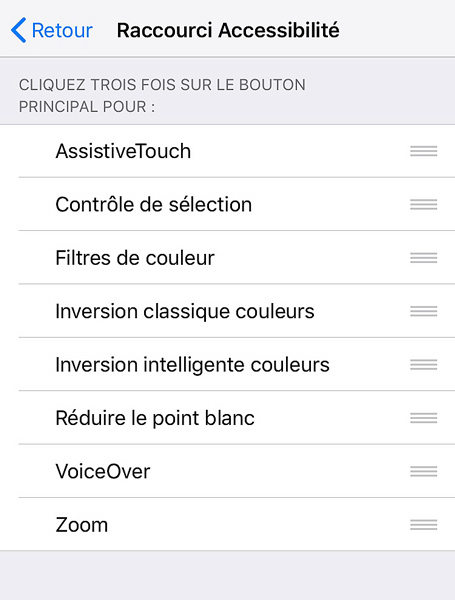 grayscale on iphone - désactiver le raccourci d'accessibilité