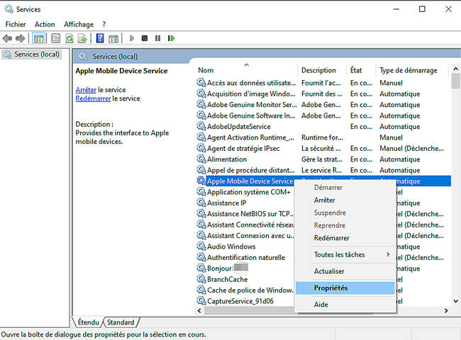 click apple mobile device service properties-one of step to solve unable to copy photos from iphone to pc
