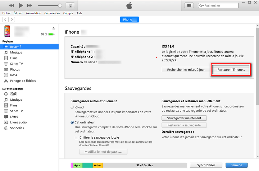 restaurer l'iphone 14 via itunes
