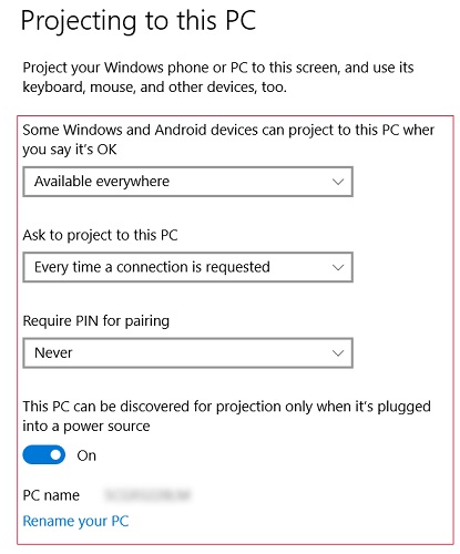 paramètres de projection sur ce pc
