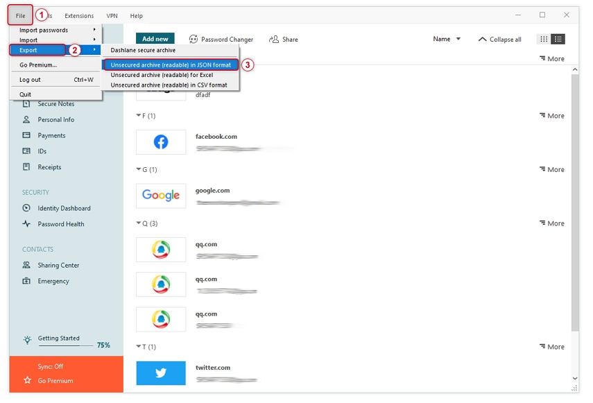 export password from dashlane