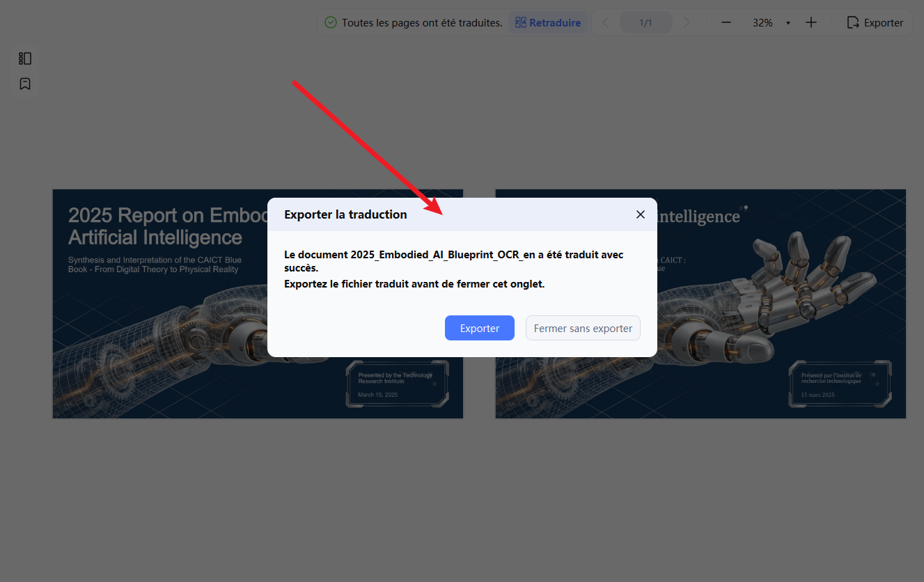 invite à exporter avant de fermer la traduction