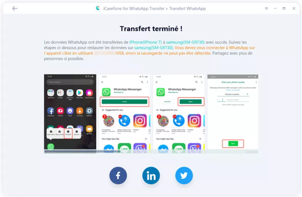 iCareFone Transfert WhatsApp réussi - guide