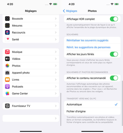 activer l'option photos montrer le contenu 