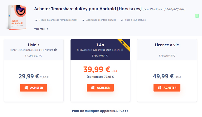 prix de tenorshare 4ukey pour android
